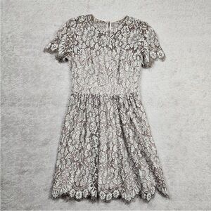 Eliza J lace dress, size 6, short sleeves, delicate brown and ivory color lace